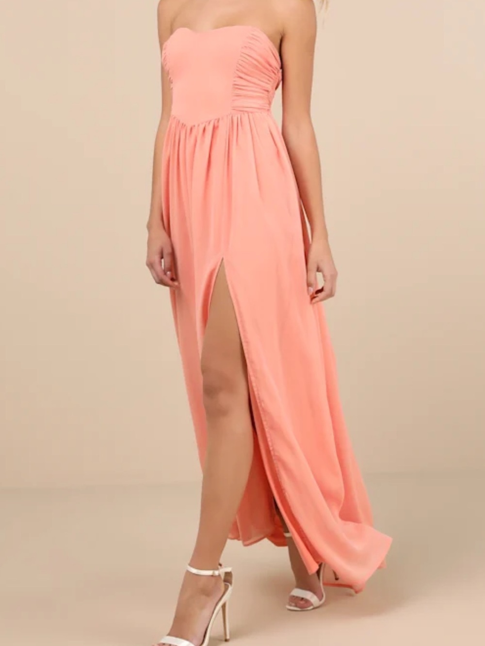 Lulus Luxe Favorite Peach Pink Strapless Ruched Maxi Dress Size M NWT - Picture 3 of 14
